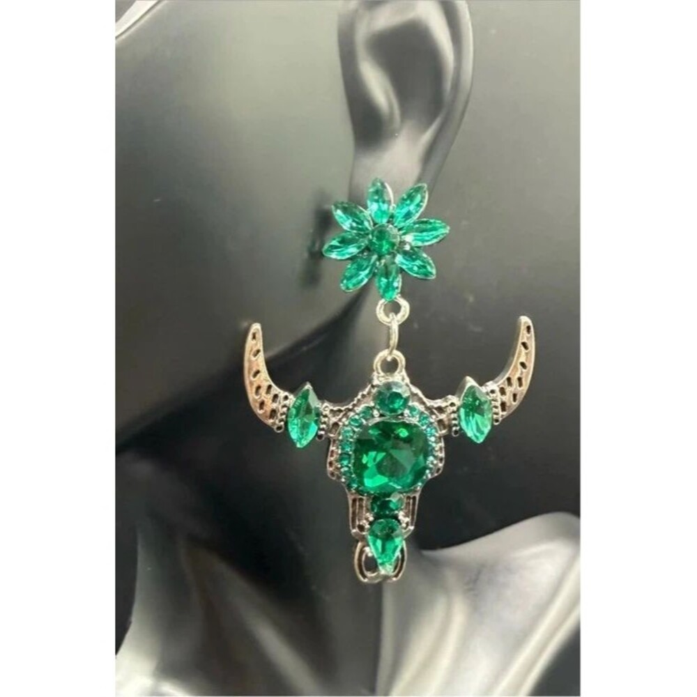 E17. Green Rhinestone Bull Skull & Flower Statement Earrings